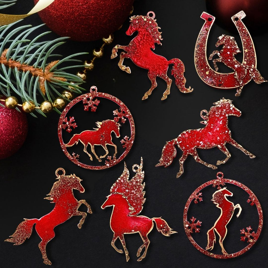 Red Horse Set – Handmade Resin Christmas Ornament Collection
